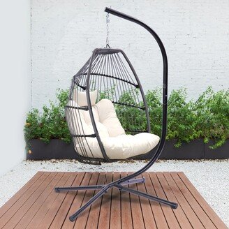 IGEMAN Rattan Folding Swing Hammock Egg Chair, Light Beige