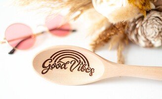 Good Vibes Rainbow Wooden Spoon | Retro Boho Cooking Baking Kitchen Decor Happy Hippy Summer Sign Farmhouse Tiered Tray Laser Engraved