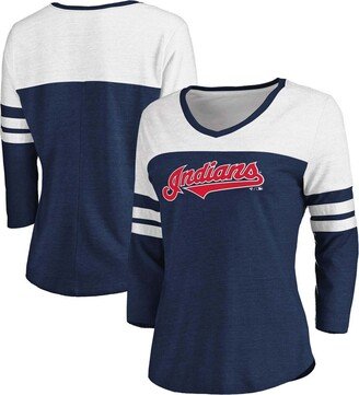 Women's Heathered Navy, White Cleveland Indians Official Wordmark 3/4 Sleeve V-Neck Tri-Blend T-shirt