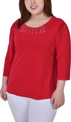 Plus Size 3/4 Sleeve Crepe Knit with Strip Details Top