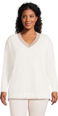 Women's Plus Size Fine Gauge Cotton V-Neck Pullover Tunic Sweater - Stripe - Ivory/marl trims