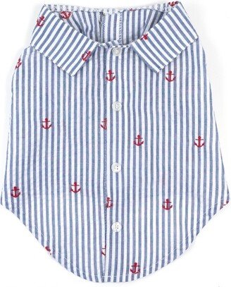 The Worthy Dog Embroidered Anchors Stripe Seersucker Button Up Look Pet Shirt - Navy - XL