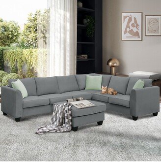 Modular Sectional Sofa 7 Seats with Ottoman L Shape Fabric Sofa Corner Couch Set with 3 Pillows Gray-AA