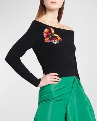 Cashmere-Blend Off-Shoulder Jumper with Floral Detail