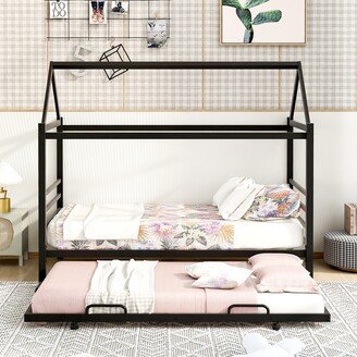 Calnod Twin Size Metal House Platform Bed with Trundle, Steel Bedframe with Roof for Kids Teens Bedroom, Solid Metal Slats Support-AA