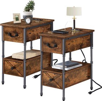 Nightstand Set of 2 with Charging Station and USB Ports& Power Outlets, Rustic Brown