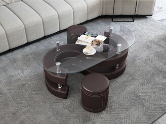 TOSWIN 3 Pieces Coffee Table Set, Oval Tempered Glass Table and 2 Leather Stools