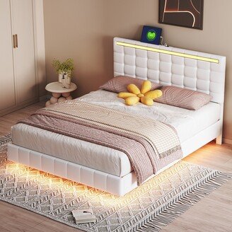 Queen Size Floating Bed Frame with LED Lights and USB Charging,Modern Upholstered Platform LED Bed Frame-AA