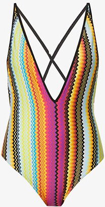 Womens Multi Dark Chevron Zig Zag-print V-neck Swimsuit