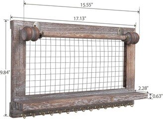 Wall Mounted Wooden Holder Hanging Jewelry Organizer with a Removable Bar, a Shelf and 15 Hooks, Rustic Brown
