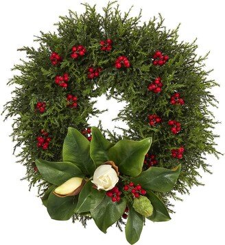 20 Artificial Cedar Berries & Magnolia Christmas Wreath