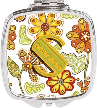CJ2003-SSCM Letter S Floral Mustard & Green Compact Mirror