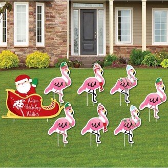 Big Dot of Happiness Flamingle Bells - Yard Sign and Outdoor Lawn Decorations - Tropical Flamingo Christmas Yard Signs - Set of 8