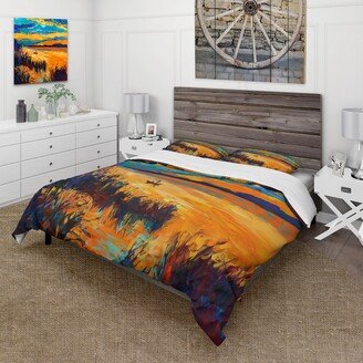 Designart 'Little Boat At The Horizon Of A Lake During Sunset' Nautical & Coastal Duvet Cover Set