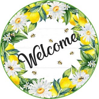 Summer, Lemon With White Daisies & Bees Wreath Round Door Hanger Sign, Wall Hanging, Attachment