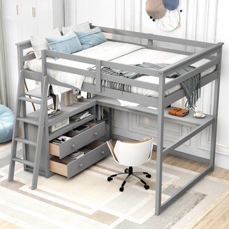 GEROJO Full Loft Bed with Desk and Shelves, 2 Drawers