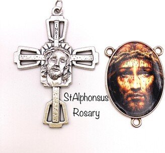Waterproof Jesus Crowned With Thorns Cross & Matching Center | Rosary Parts For Larger Bead Rosaries Or Wall Sta-101-446