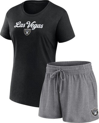 Women's Branded Black, Heather Charcoal Las Vegas Raiders Script T-shirt and Shorts Lounge Set - Black, Heather Charcoal