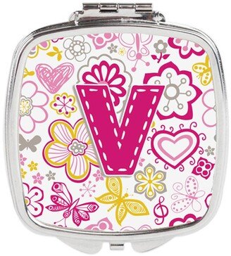 CJ2005-VSCM Letter V Flowers & Butterflies Pink Compact Mirror