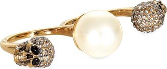 Imitation Pearl & Pavé Skulls Double Band Ring