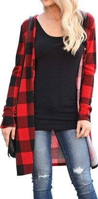 Lacozy Women Open Front Long Knit Cardigans Lightweight Plaid Printing Color Block Sweaters Kimono Blouse Tops Red 3XL