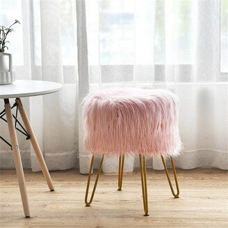 TONWIN Pink Faux Fur Round Vanity Stool Chair with Metal Legs