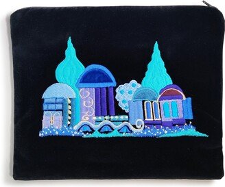 Handmade Tallit & Tefillin Bag Made Of Blue Velvet With Purple Light Decorations The City Jerusalem, Bar Mitzvah Gift