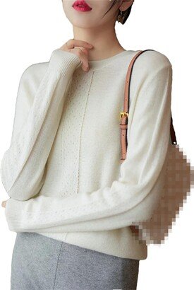 Generic 100% Merino Wool Crewneck Pullover Sweater Hollow Out Knitted Jumper Women Cashmere Sweater Tops Milky White M