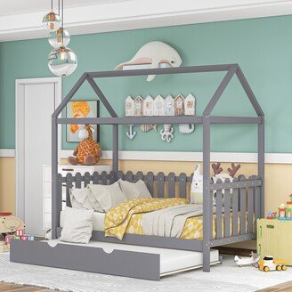 IGEMAN Twin Size House Platform Bed with Trundle and Fence-Shaped Guardrail, Sturdy Floor Decorative Wood Bedframe for Kids Teens-AA