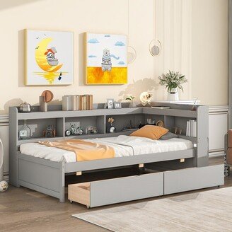 TiramisuBest Twin Bed Platform Bed with L-shaped Bookcases, Drawers