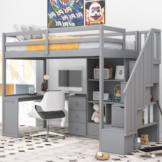 HOMEBAY Loft Bed with L-Shaped Desk and Drawers, Cabinet and Storage Staircase
