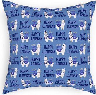 Pillows: Happy Llamakah On Blue Pillow, Woven, White, 18X18, Double Sided, Blue