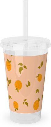 Travel Mugs: Oranges & Leaves On Peach Acrylic Tumbler With Straw, 16Oz, Orange