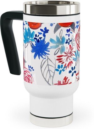 Travel Mugs: Patriotic Watercolor Floral - Red White And Blue Travel Mug With Handle, 17Oz, Multicolor