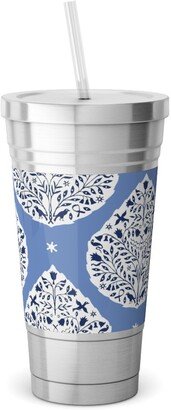 Travel Mugs: Conway Paisley - Cobalt And Navy Stainless Tumbler With Straw, 18Oz, Blue