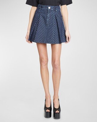 Monogram Check Denim Pleated Flare Mini Skirt