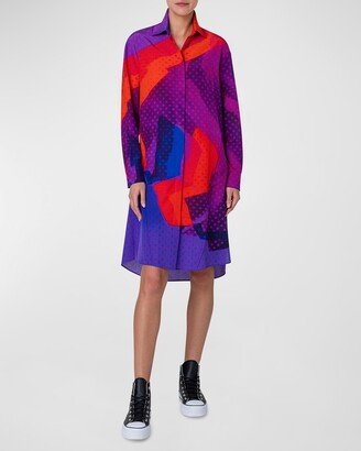 Superimposition-Print Oversized Wool-Silk Voile Shirtdress