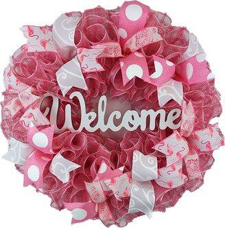 Welcome Flamingo Wreath, Summer Spring Front Door Decor, Beach Decoration, Pink White