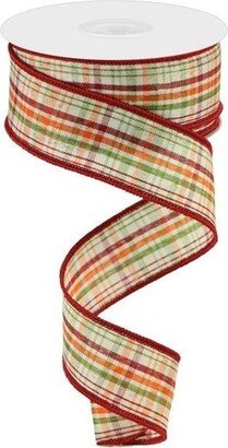 Woven Plaid Orange/Green/Cream/Dark Red Royal Wired Ribbon, 1.5