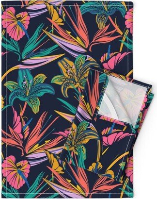 Tropical Tea Towels | Set Of 2 - Electric Paradise By Lapetitelecour Botanical Coral Anthurium Lily Linen Cotton Spoonflower