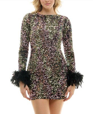 Juniors' Stretch Velvet Feather-Cuff Long-Sleeve Dress - Black/Multicolor