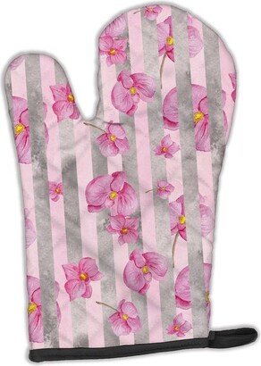 Watercolor Pink Flowers Grey Stripes Oven Mitt