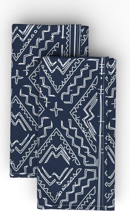 Cloth Napkins: African Mudcloth - White On Blue Cloth Napkin, Longleaf Sateen Grand, Blue