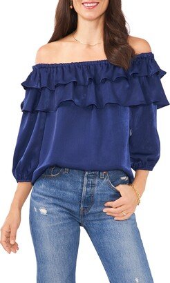 Tiered Ruffle Off the Shoulder Satin Blouse