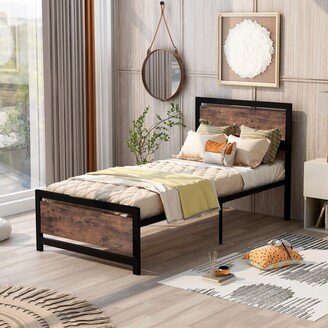 TOSWIN Unique Style Metal and Wood Bed Frame with Headboard and Footboard ,Twin Size Platform Bed, Easy to Assemble