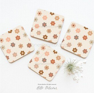 Terra Daisies Coaster Set Of 4 Floral Daisy Cork Coasters Modern Flower Gift For Mom 92