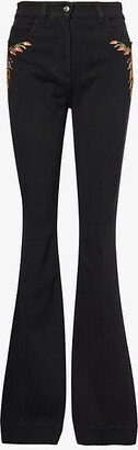 Womens Black Floral-embroidered Five-pocket Mid-rise Flared-leg Stretch-denim Trousers