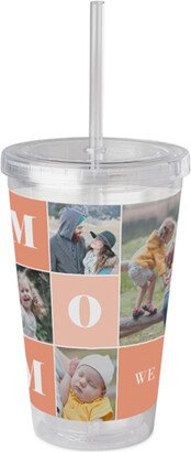 Travel Mugs: Mom Color Blocks Acrylic Tumbler With Straw, 16Oz, Beige