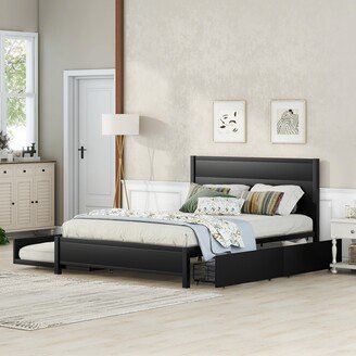 IGEMAN Concise Design Metal Queen Size Storage Platform Bed with Twin Size Trundle and 2 Drawers