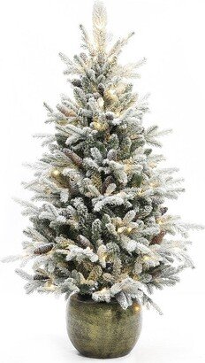 LuxenHome 4.5' Pre-Lit LED Artificial Flocked Pine Tree with Pine Cones and Round Pot Off-White